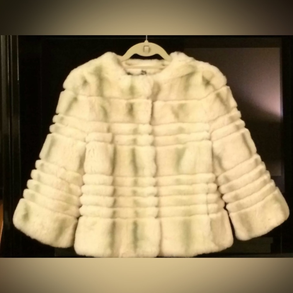 NWT YVES SALOMON Genuine Rex Rabbit Ivory Jacket with Taupe/Green Stripes